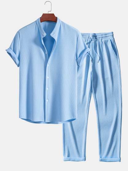 Muscle Fit Ribbed Stand Collar Shirt & Straight Leg Ribbed Pants