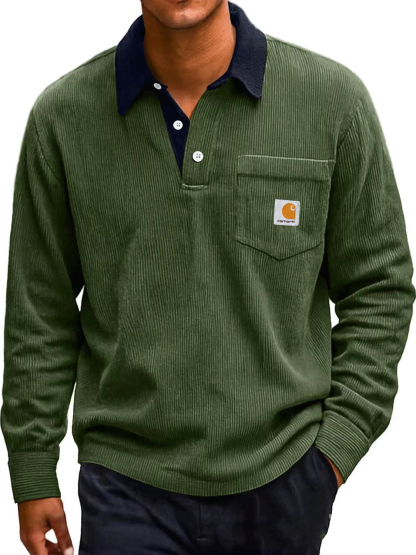 Men's Fashion Corduroy Retro Distressed Lapel Pocket Long-sleeved Polo Shirt