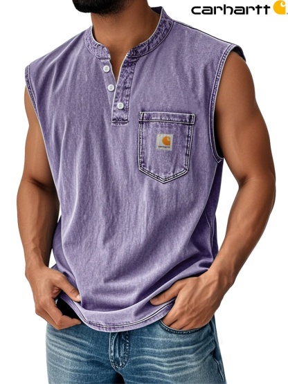Carhartt Men's Vintage Stand Collar Casual Pocket Solid Color Sleeveless Henley Vest