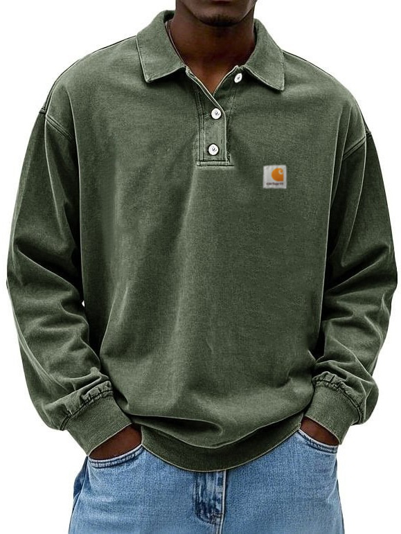 Summer Men's Long Sleeve Polo Shirt Solid Color Pullover Button T-shirt