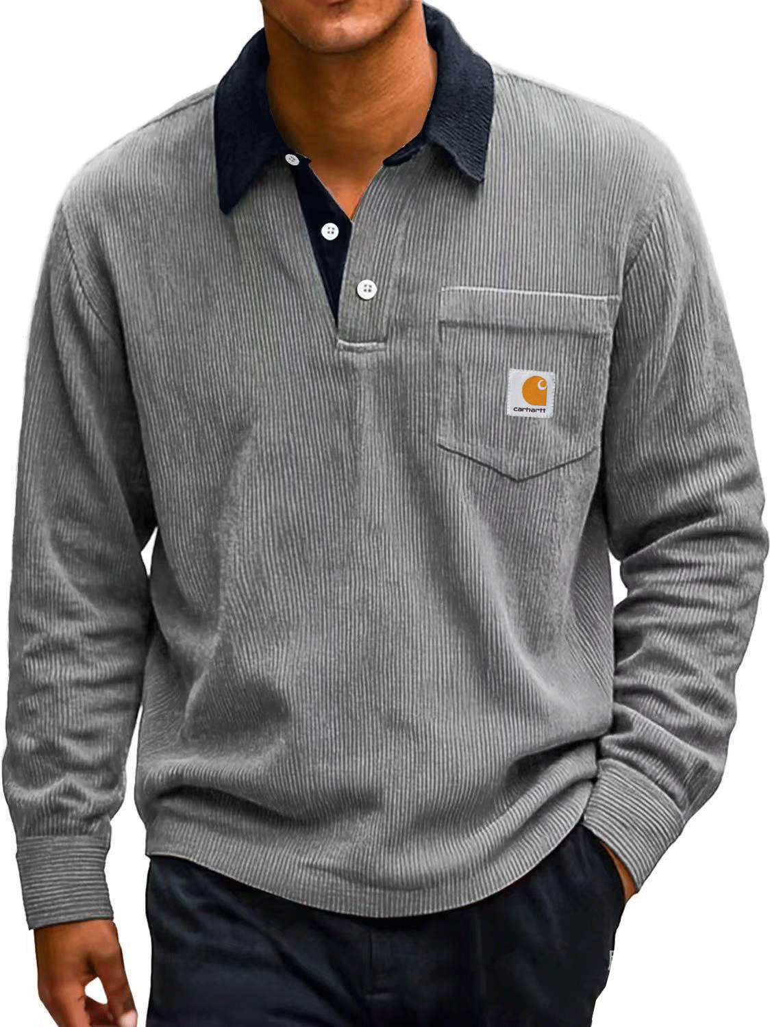 Men's Fashion Corduroy Retro Distressed Lapel Pocket Long-sleeved Polo Shirt