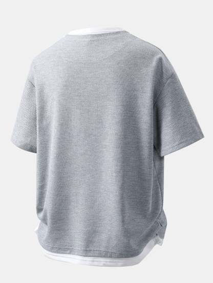 Relax Fit 2 In 1 Notched Collar Waffle T-Shirt & Waffle Pleated Pintuck Straight Leg Pants