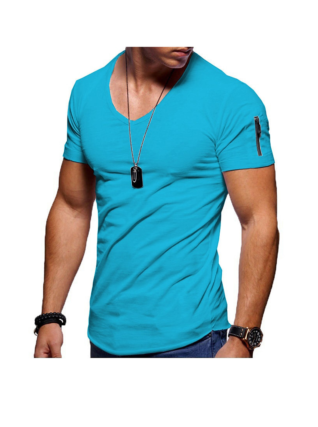 Men's Solid Color V- neck Short Sleeve T-shirt WIth Zippered Sleeve Arms
