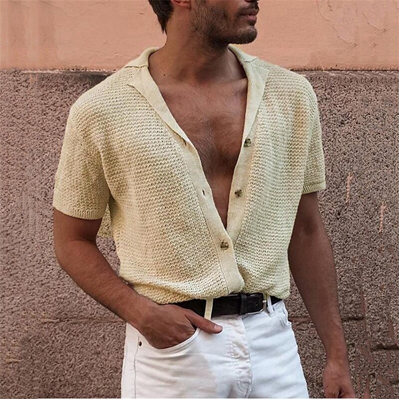 Men's Shirt Solid Color Turndown Casual Button-Down Short Sleeve Tops