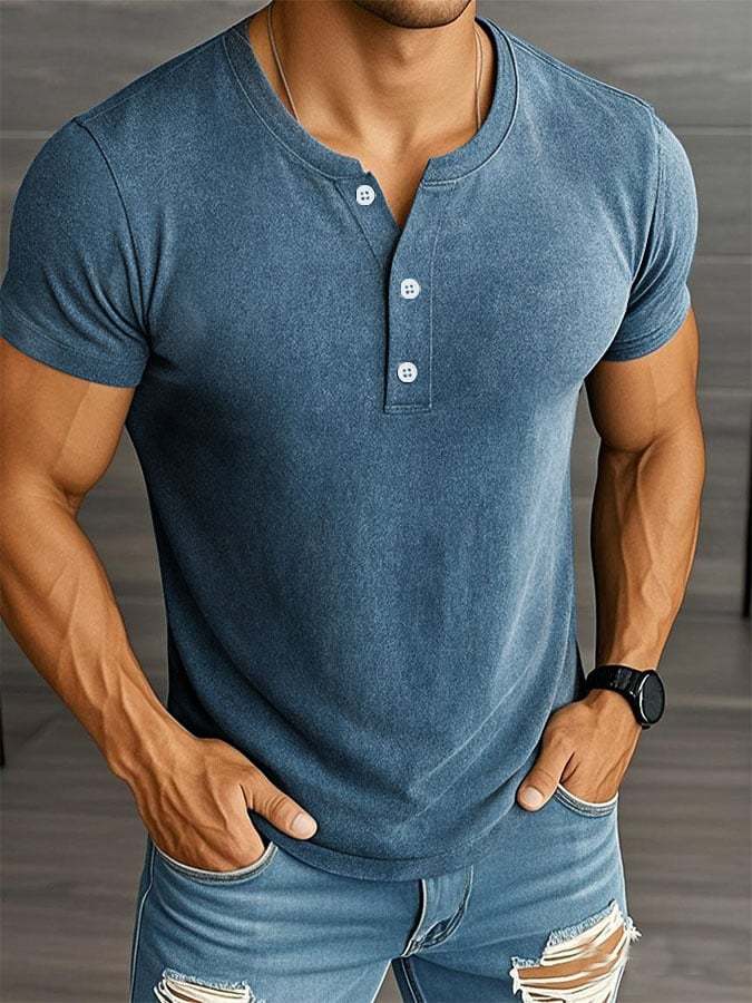 Men's Casual Vintage Printed Henley Short Sleeve T-Shirt