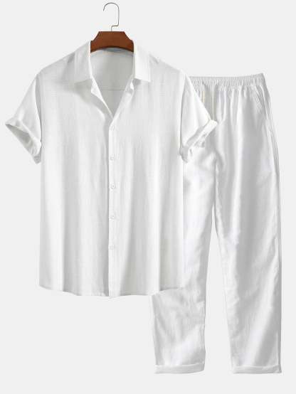 Linen Rayon Blend Button Up Shirt & Straight Leg Linen Pants