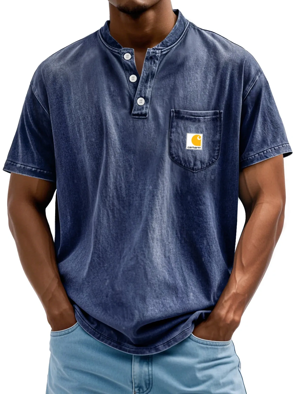 Carhartt Men's Retro Stand Collar Pocket Casual Solid Color Short Sleeve Henley Shirt
