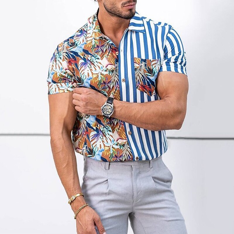 Men's Shirt Other Prints Striped Color Block Palm Leaf Classic Collar