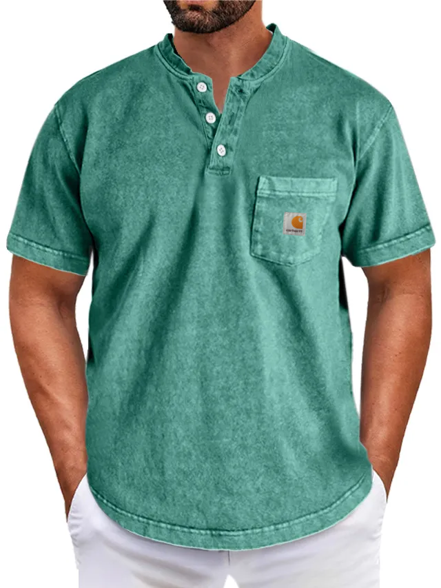 Carththartt Men's Retro Simple Solid Color Short Sleeve Henley Shirt
