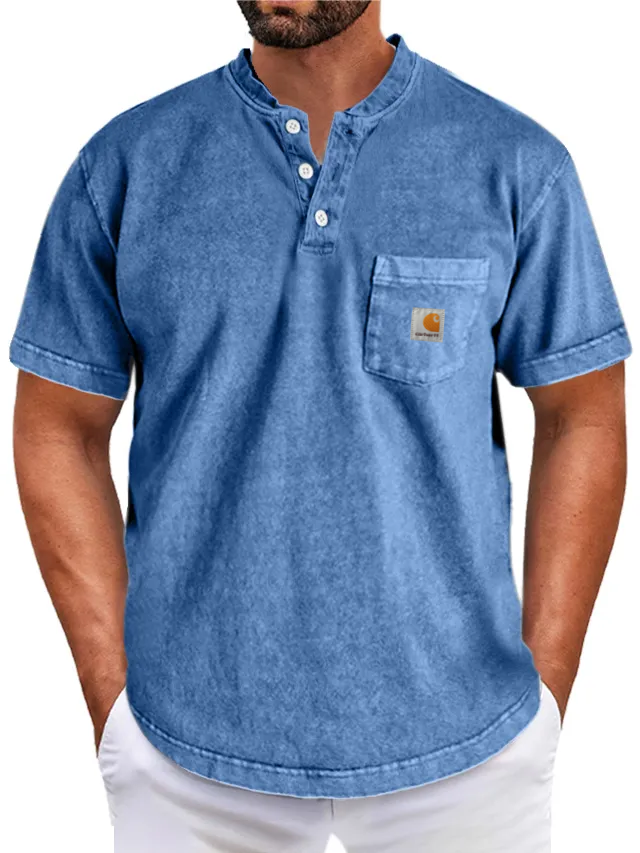 Carththartt Men's Retro Simple Solid Color Short Sleeve Henley Shirt