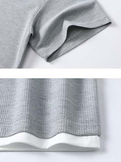 Relax Fit 2 In 1 Notched Collar Waffle T-Shirt & Waffle Pleated Pintuck Straight Leg Pants