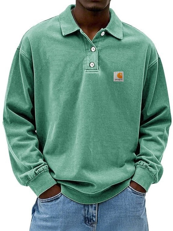 Summer Men's Long Sleeve Polo Shirt Solid Color Pullover Button T-shirt