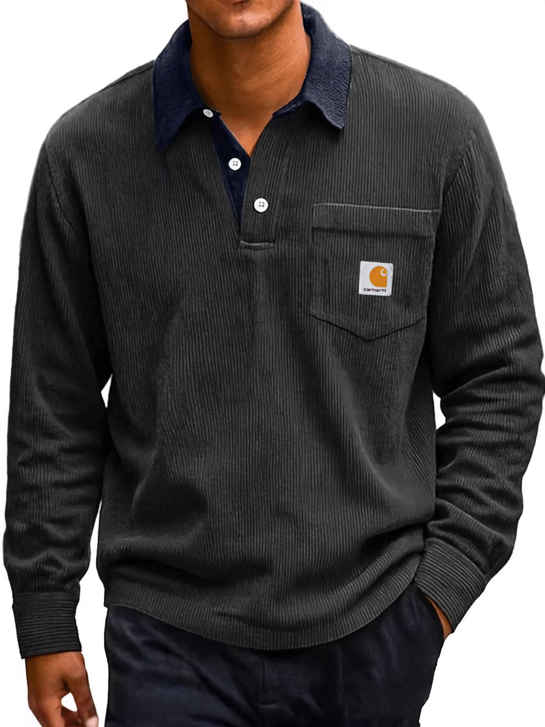 Men's Fashion Corduroy Retro Distressed Lapel Pocket Long-sleeved Polo Shirt