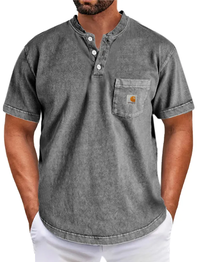 Carththartt Men's Retro Simple Solid Color Short Sleeve Henley Shirt