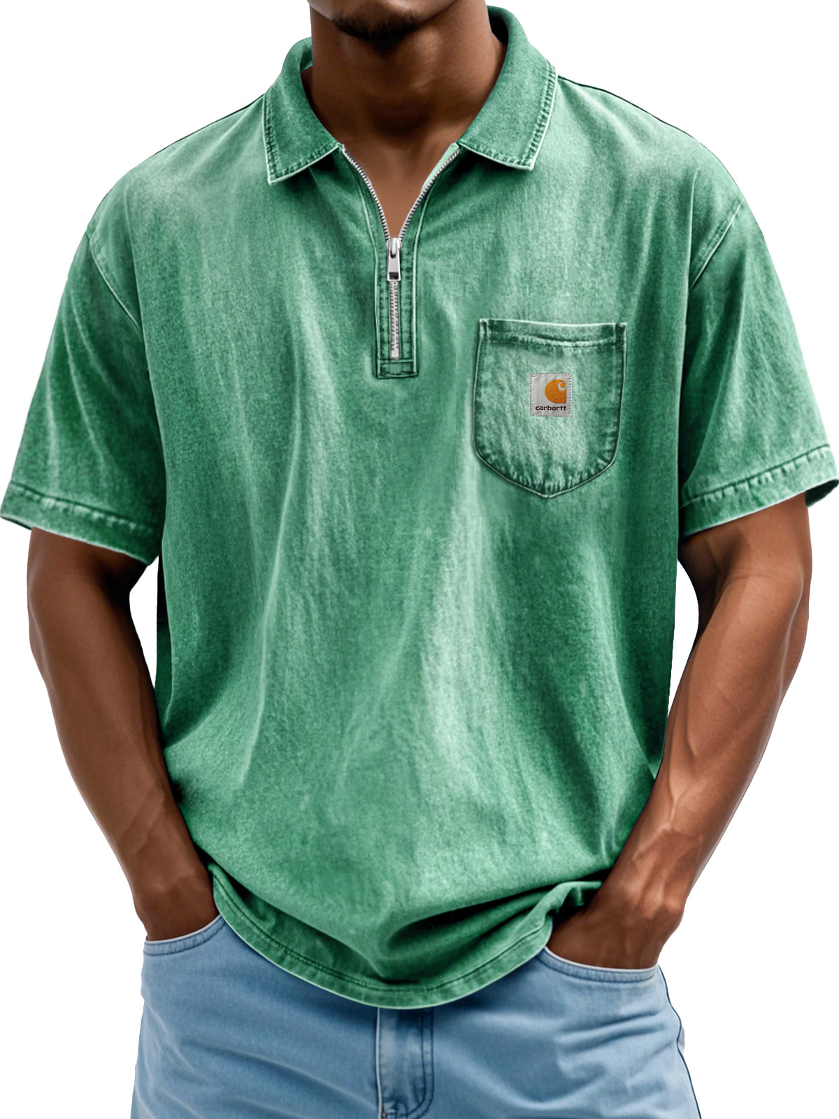 Carhartt Men's Fashion Retro Lapel Zipper Casual Short Sleeve POLO Shirt