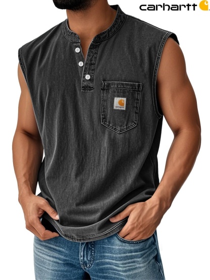 Carhartt Men's Vintage Stand Collar Casual Pocket Solid Color Sleeveless Henley Vest