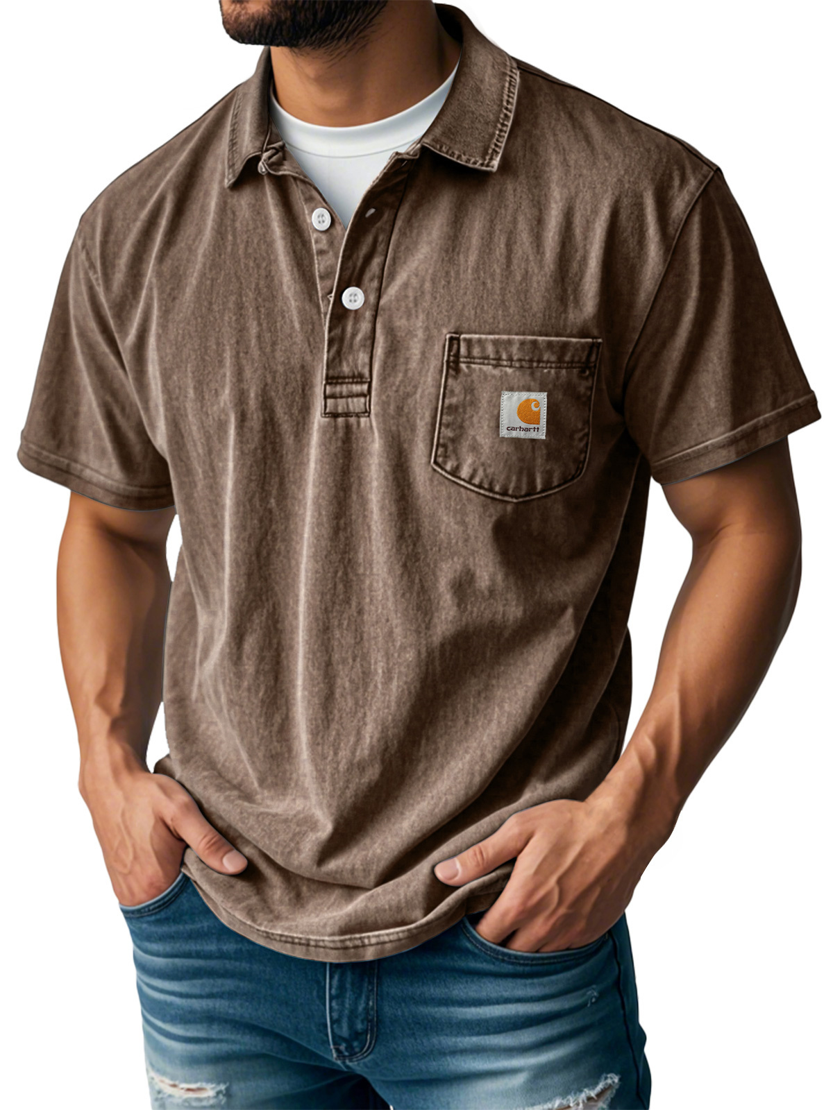 Carhartt Men's Retro Lapel Button Pocket Casual Short Sleeve POLO Shirt