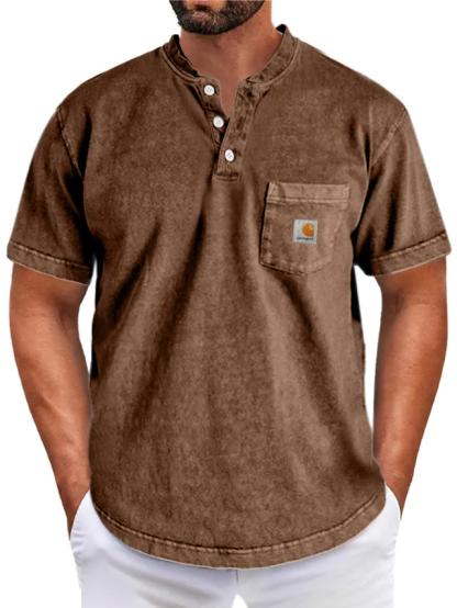 Carththartt Men's Retro Simple Solid Color Short Sleeve Henley Shirt