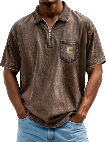 Carhartt Men's Fashion Retro Lapel Zipper Casual Short Sleeve POLO Shirt