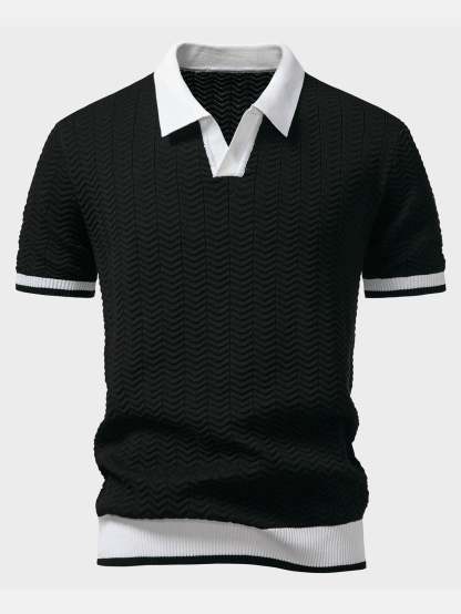 Texture Contrast Knitted V Neck Polo Shirt & Straight Leg Ribbed Pants