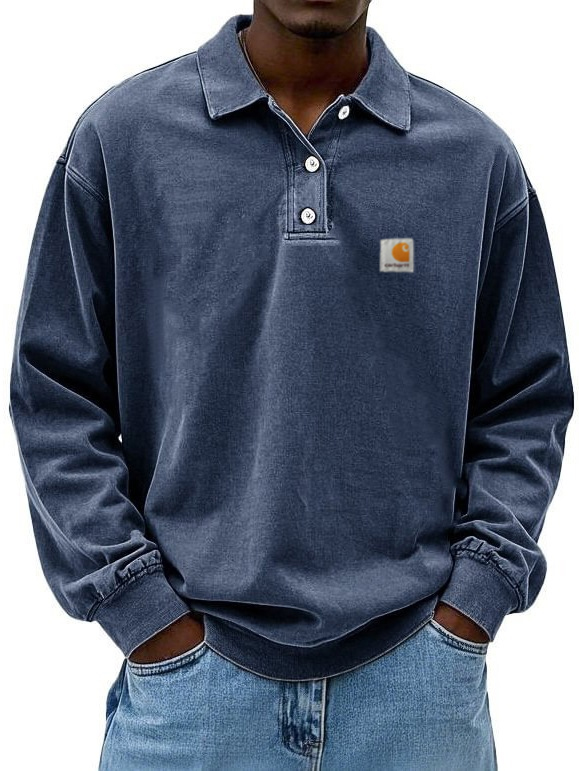 Summer Men's Long Sleeve Polo Shirt Solid Color Pullover Button T-shirt