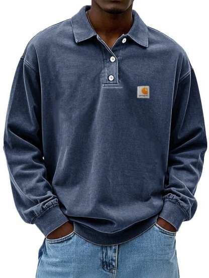 Summer Men's Long Sleeve Polo Shirt Solid Color Pullover Button T-shirt