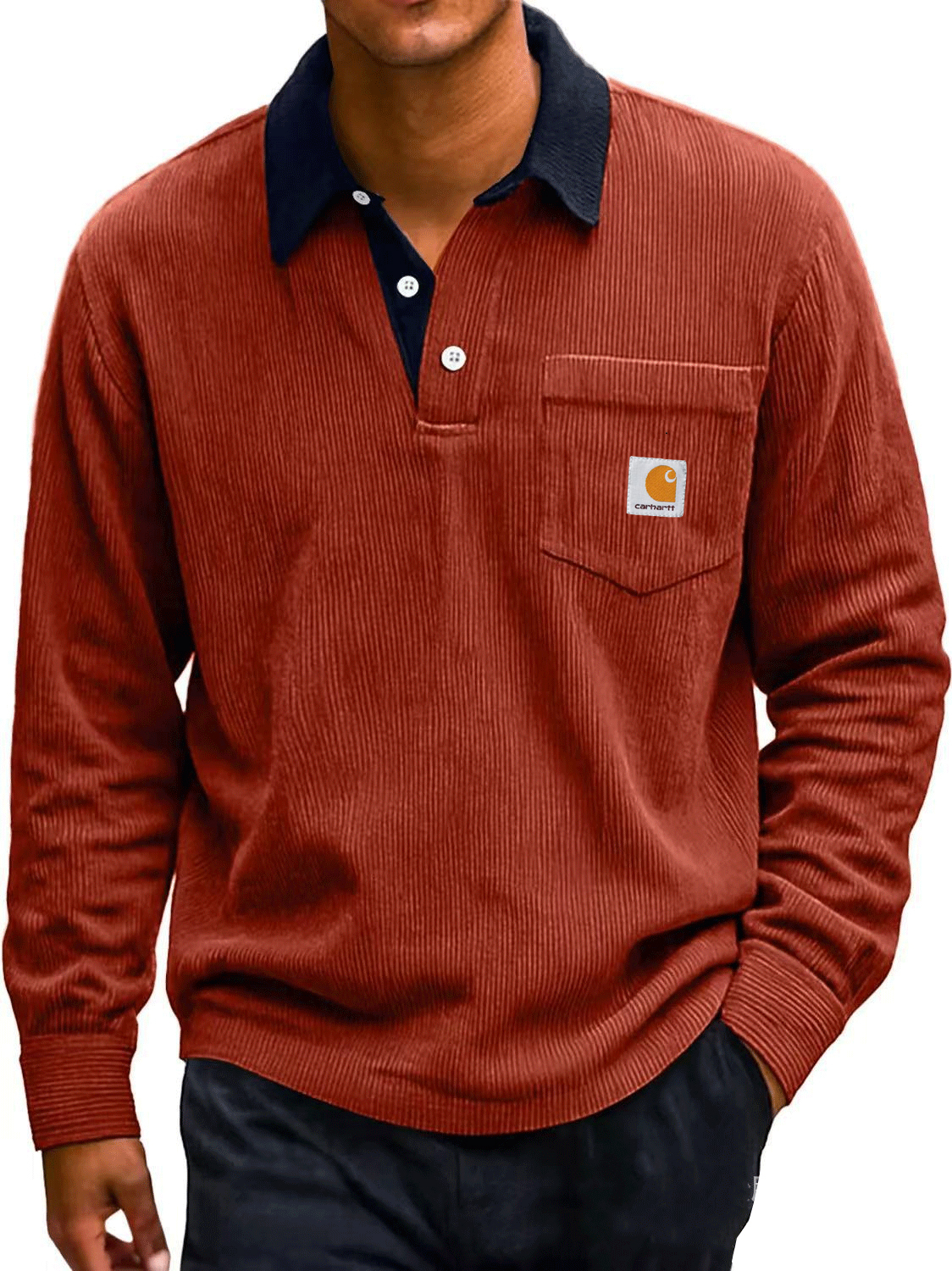 Men's Fashion Corduroy Retro Distressed Lapel Pocket Long-sleeved Polo Shirt