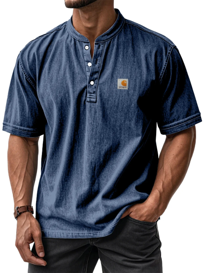 Carhartt Men's Casual Solid Color Vintage Loose Short Sleeve Button-down Henley Shirt