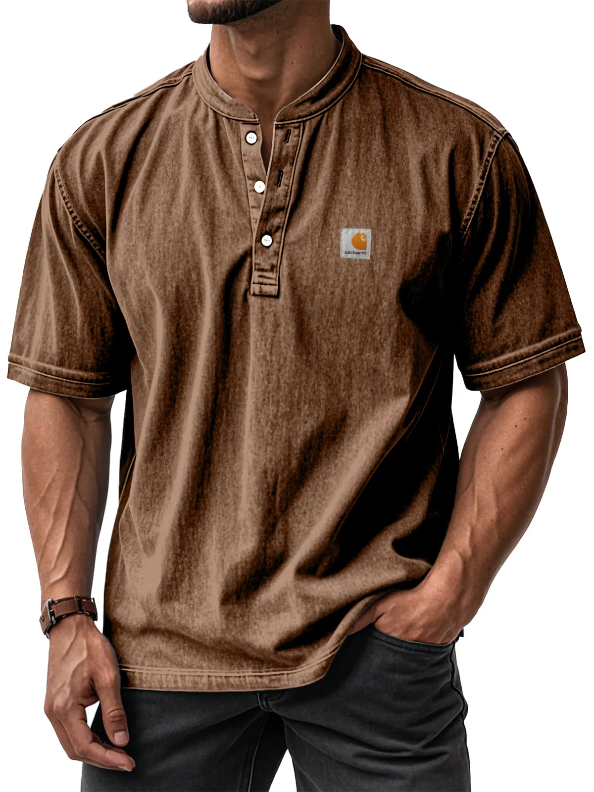 Carhartt Men's Casual Solid Color Vintage Loose Short Sleeve Button-down Henley Shirt
