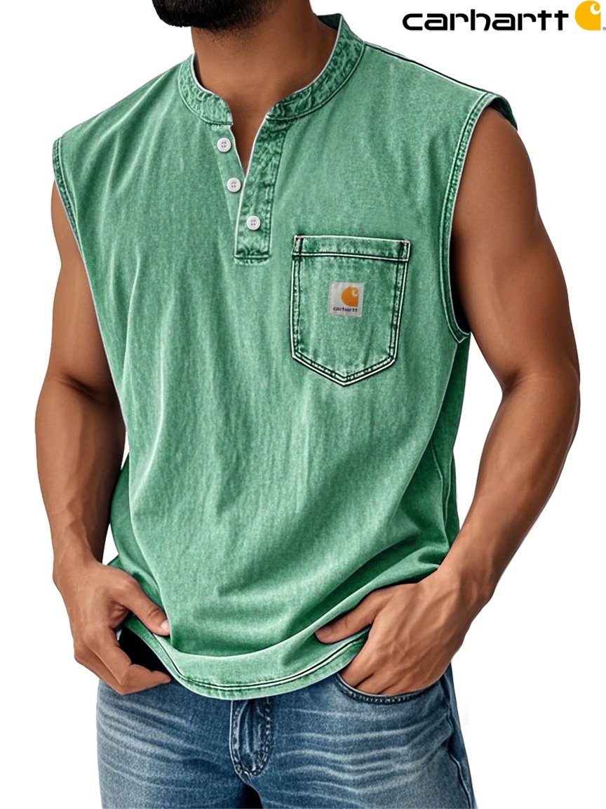 Carhartt Men's Vintage Stand Collar Casual Pocket Solid Color Sleeveless Henley Vest