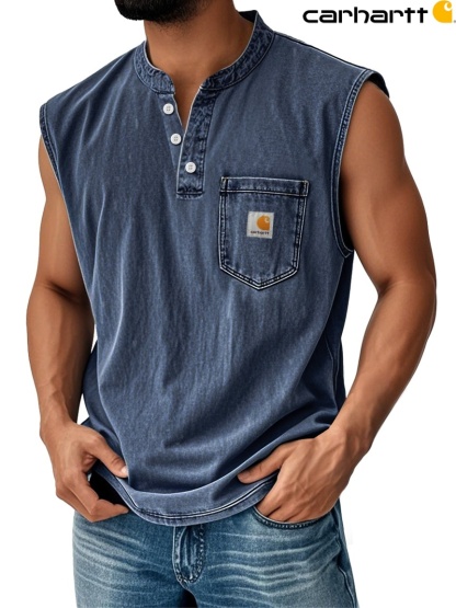 Carhartt Men's Vintage Stand Collar Casual Pocket Solid Color Sleeveless Henley Vest