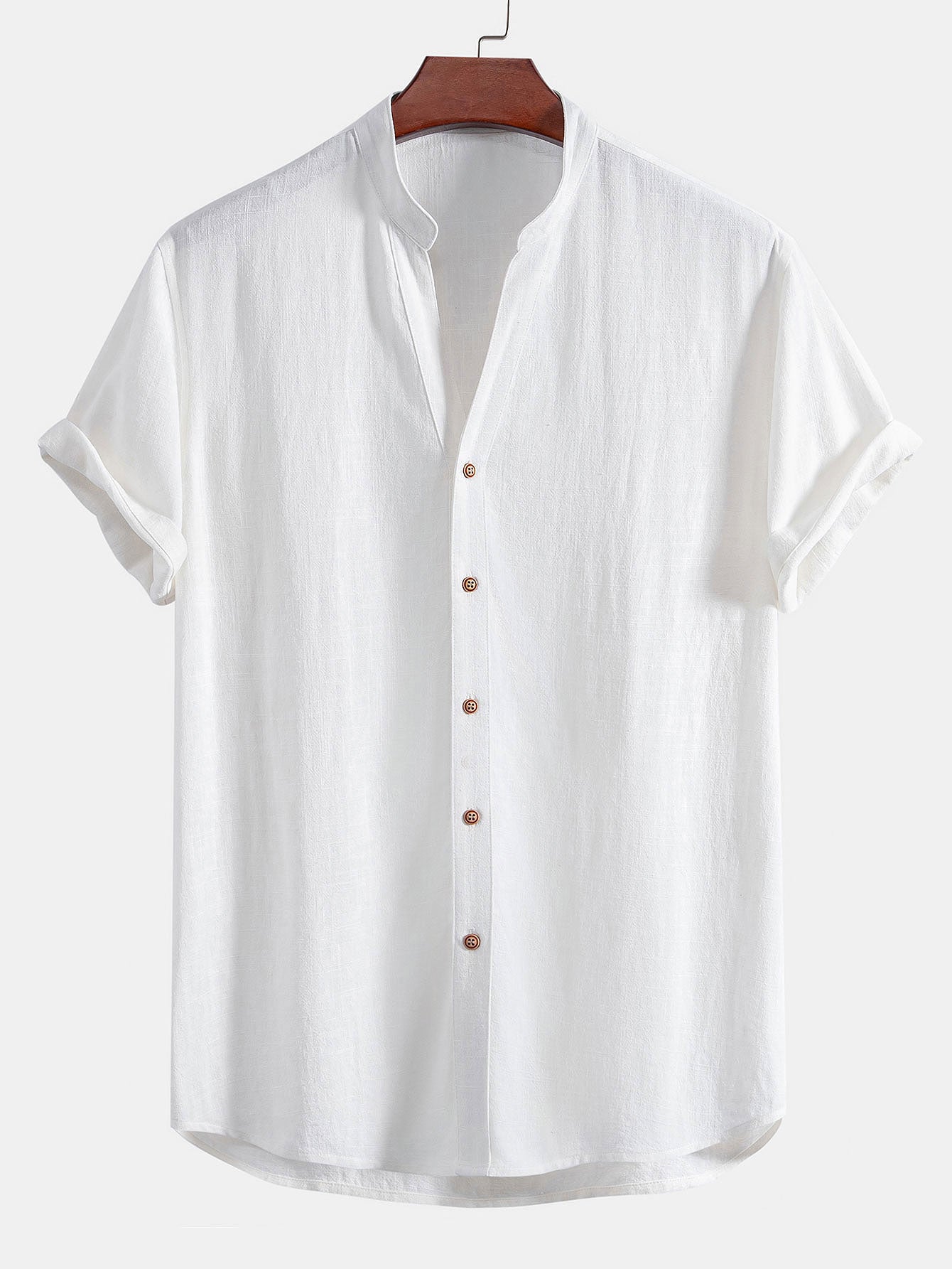 Short Sleeve V Neck Linen Rayon Blend Shirt
