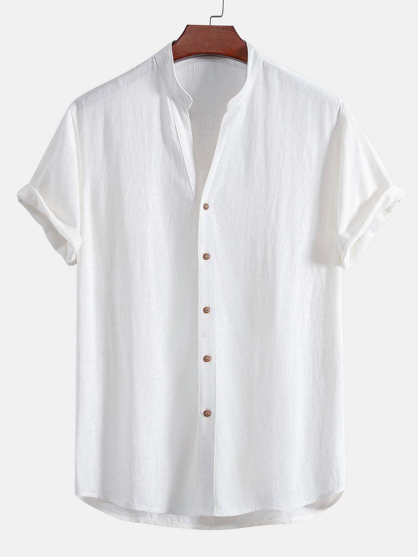 Short Sleeve V Neck Linen Rayon Blend Shirt