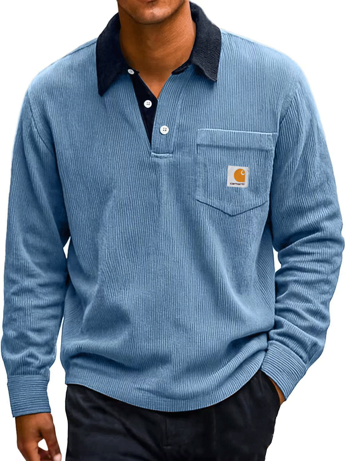 Men's Fashion Corduroy Retro Distressed Lapel Pocket Long-sleeved Polo Shirt