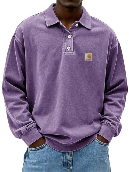 Summer Men's Long Sleeve Polo Shirt Solid Color Pullover Button T-shirt