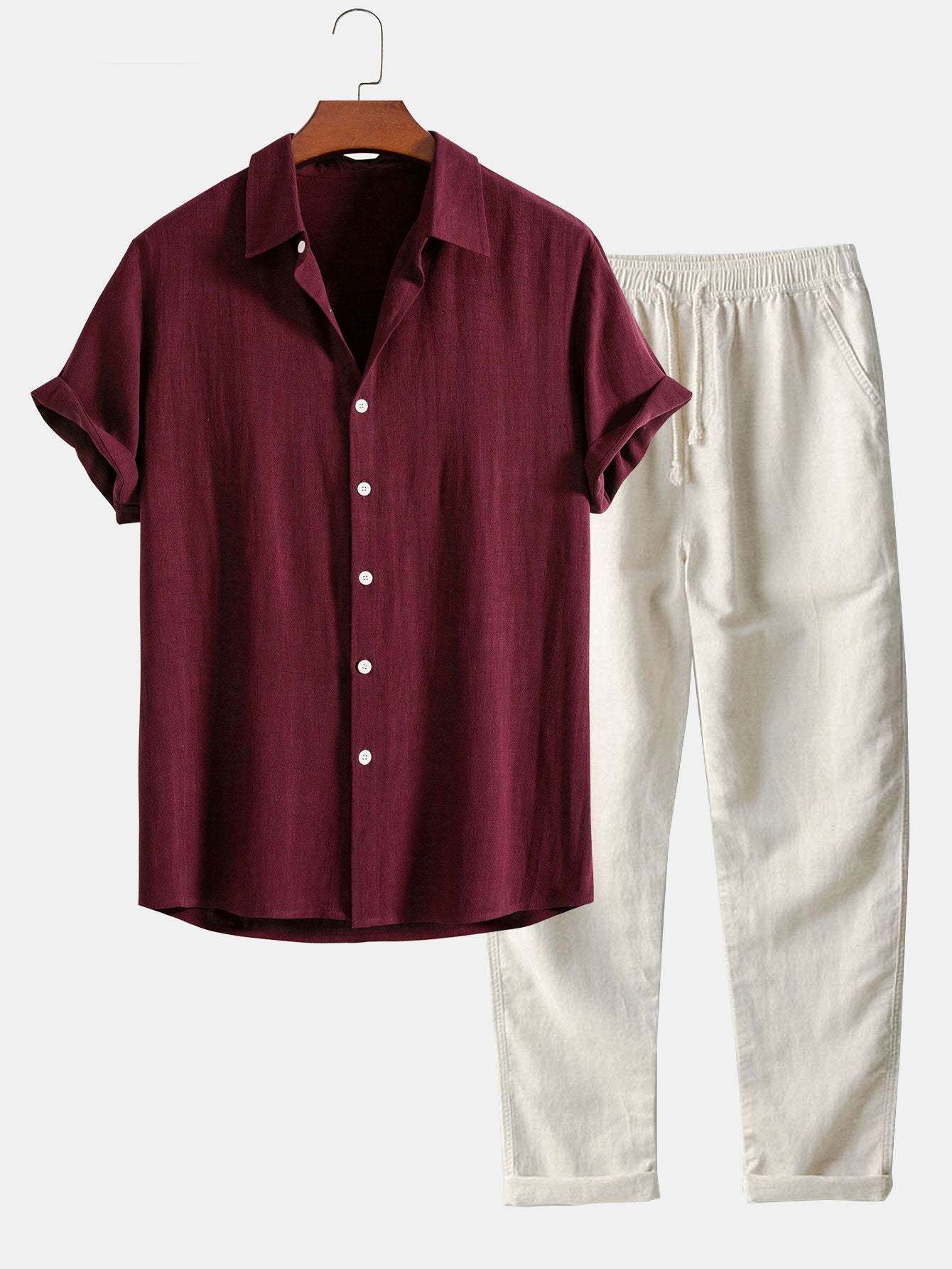 Linen Rayon Blend Button Up Shirt & Straight Leg Linen Pants