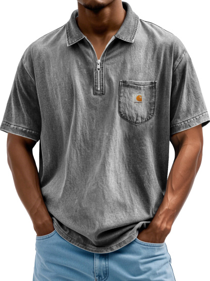Carhartt Men's Fashion Retro Lapel Zipper Casual Short Sleeve POLO Shirt