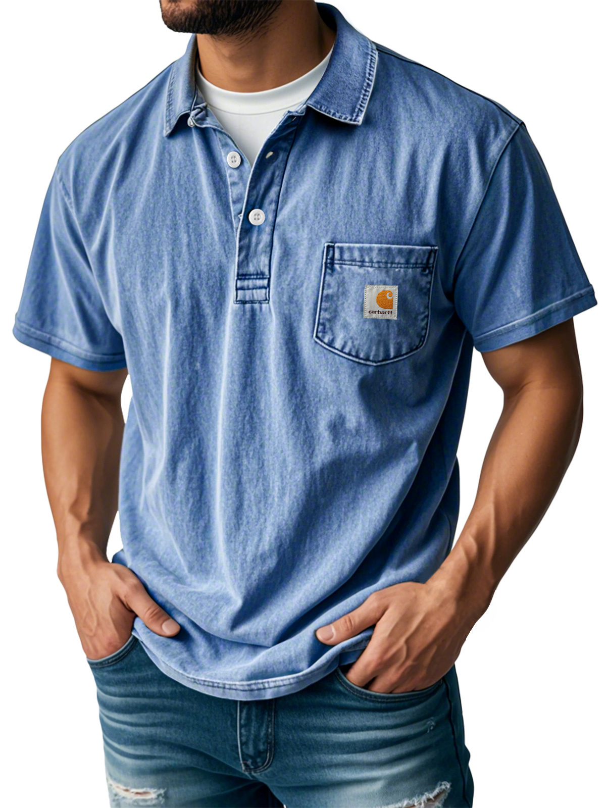 Carhartt Men's Retro Lapel Button Pocket Casual Short Sleeve POLO Shirt