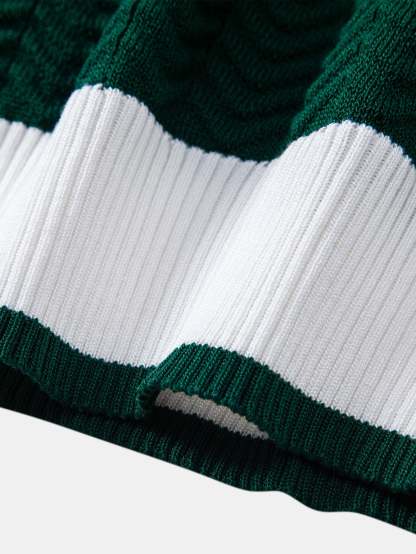 Texture Contrast Knitted V Neck Polo Shirt & Slim Fit Tapered Trousers