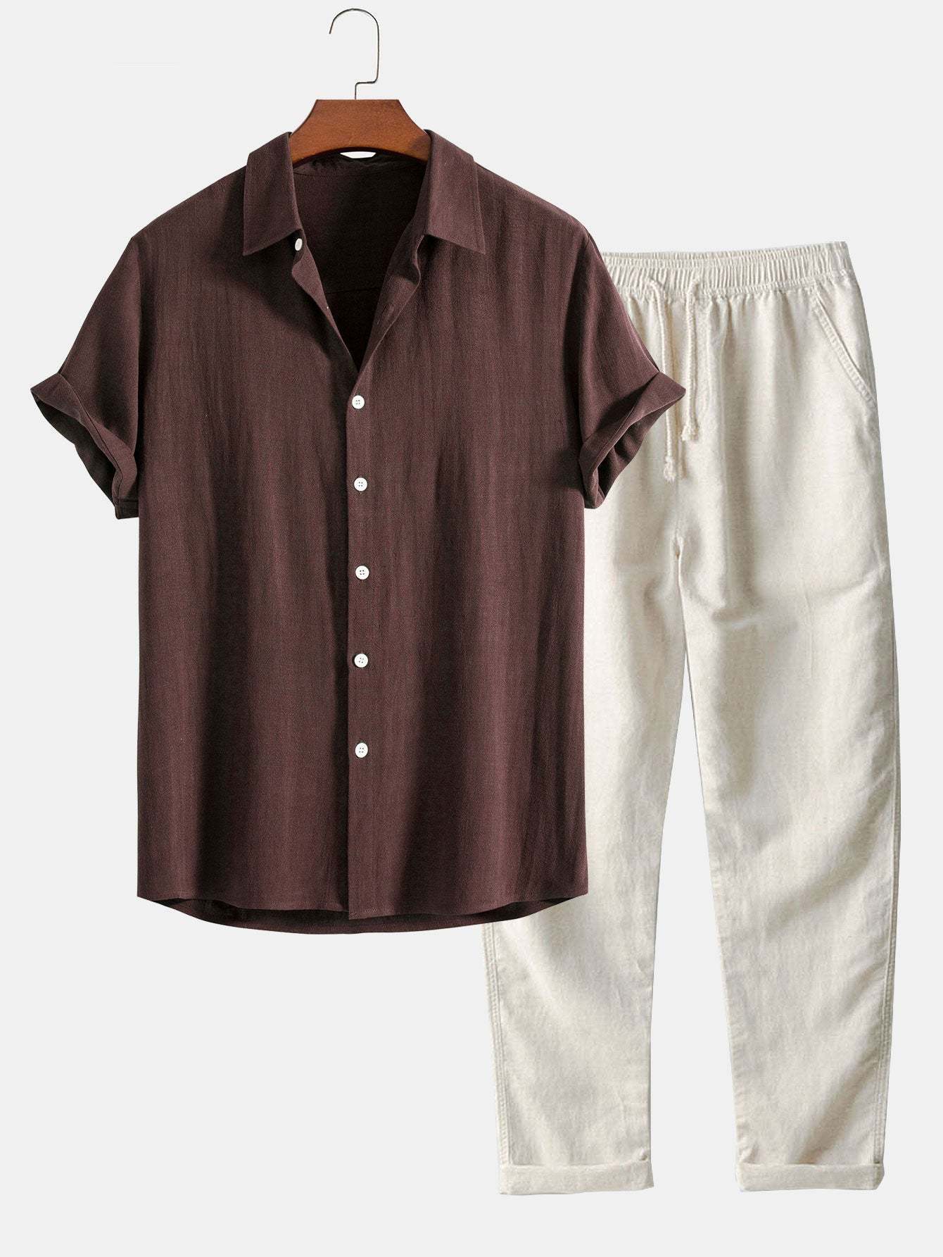 Linen Rayon Blend Button Up Shirt & Straight Leg Linen Pants