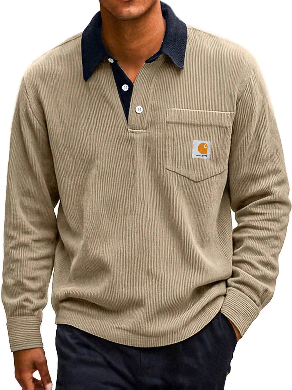 Men's Fashion Corduroy Retro Distressed Lapel Pocket Long-sleeved Polo Shirt