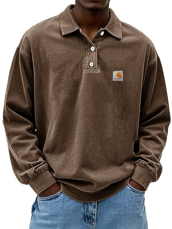 Summer Men's Long Sleeve Polo Shirt Solid Color Pullover Button T-shirt