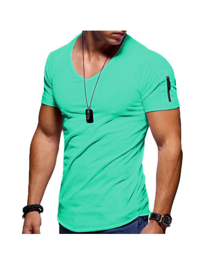 Men's Solid Color V- neck Short Sleeve T-shirt WIth Zippered Sleeve Arms