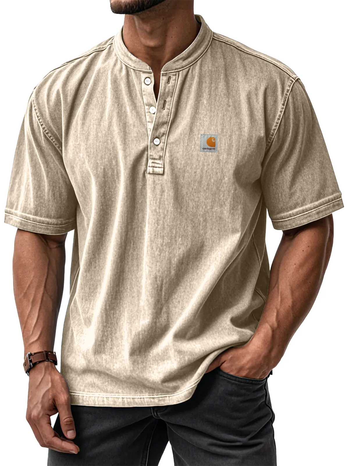 Carhartt Men's Casual Solid Color Vintage Loose Short Sleeve Button-down Henley Shirt