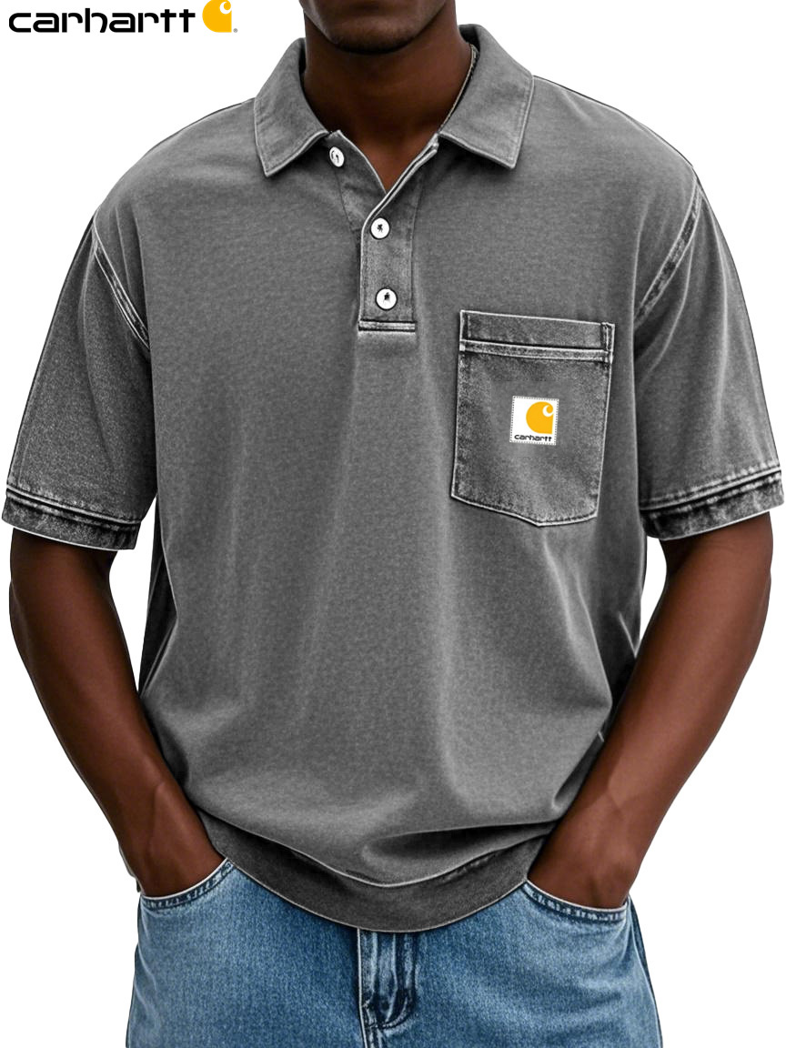 Carhartt Men's Fashion Retro Distressed Lapel Pocket Short-sleeved Polo Shirt