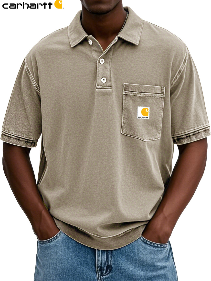 Carhartt Men's Fashion Retro Distressed Lapel Pocket Short-sleeved Polo Shirt