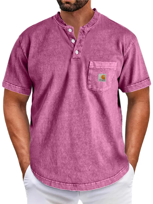 Carththartt Men's Retro Simple Solid Color Short Sleeve Henley Shirt