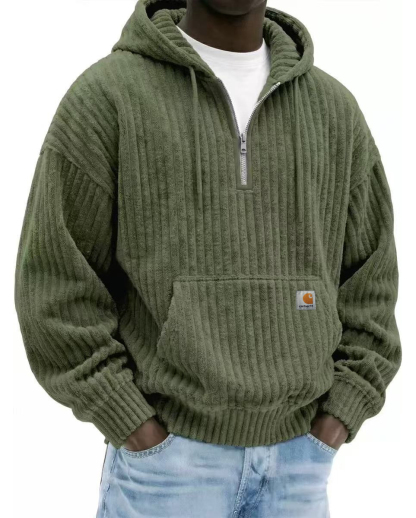 Heavyweight Corduroy Men's Hoodie – Solid Color, Relaxed Fit, Zip-Up Sweatshirt