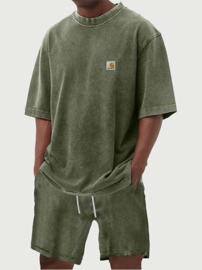 Carhartt Men's 100% Cotton Vintage Distressed Washed Print Short Sleeved T-shirt Shorts Set