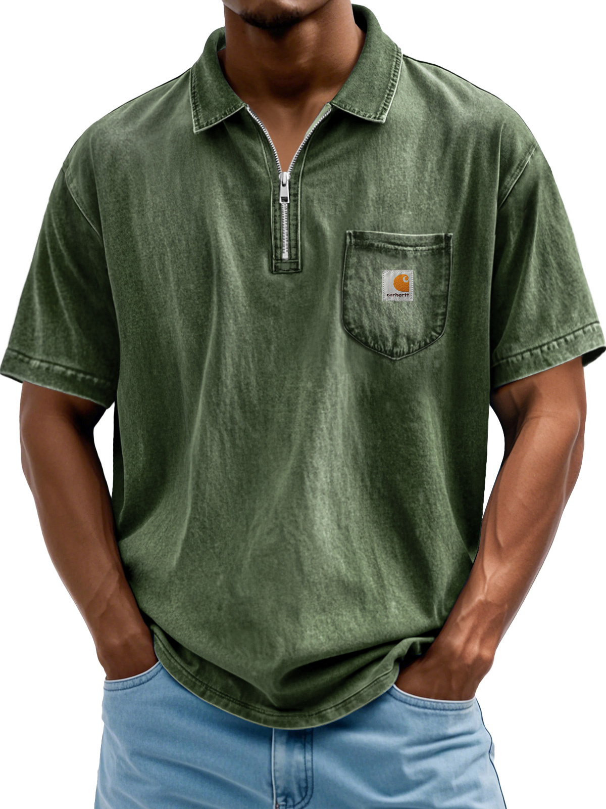Carhartt Men's Fashion Retro Lapel Zipper Casual Short Sleeve POLO Shirt